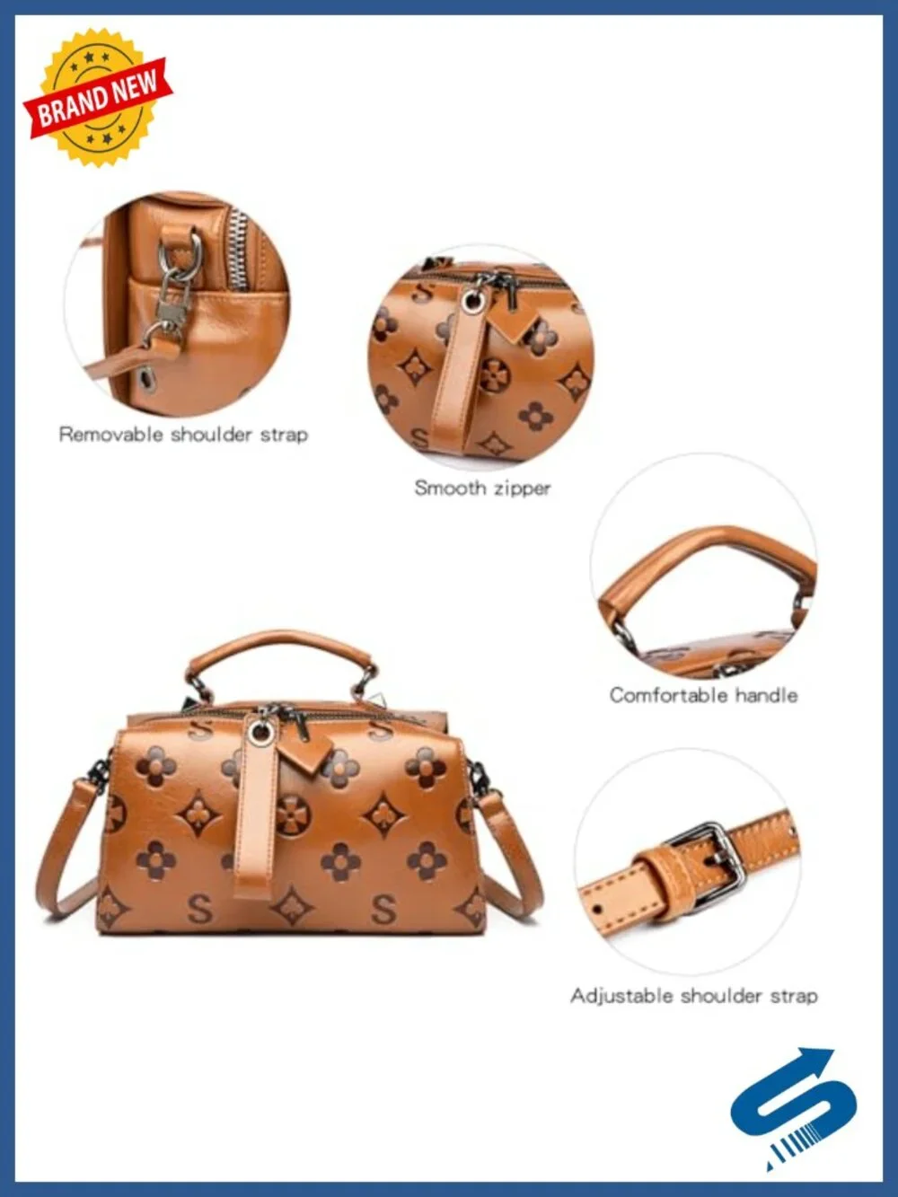 Faux Leather Embossed Crossbody Satchel with Top Handle & Shoulder Strap